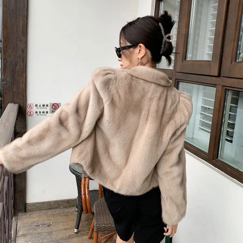 Manteau en fourrure de vison respectueux de l\'environnement, vêtements d\'extérieur vintage capricieux courts pour femmes, manteau décontracté à col