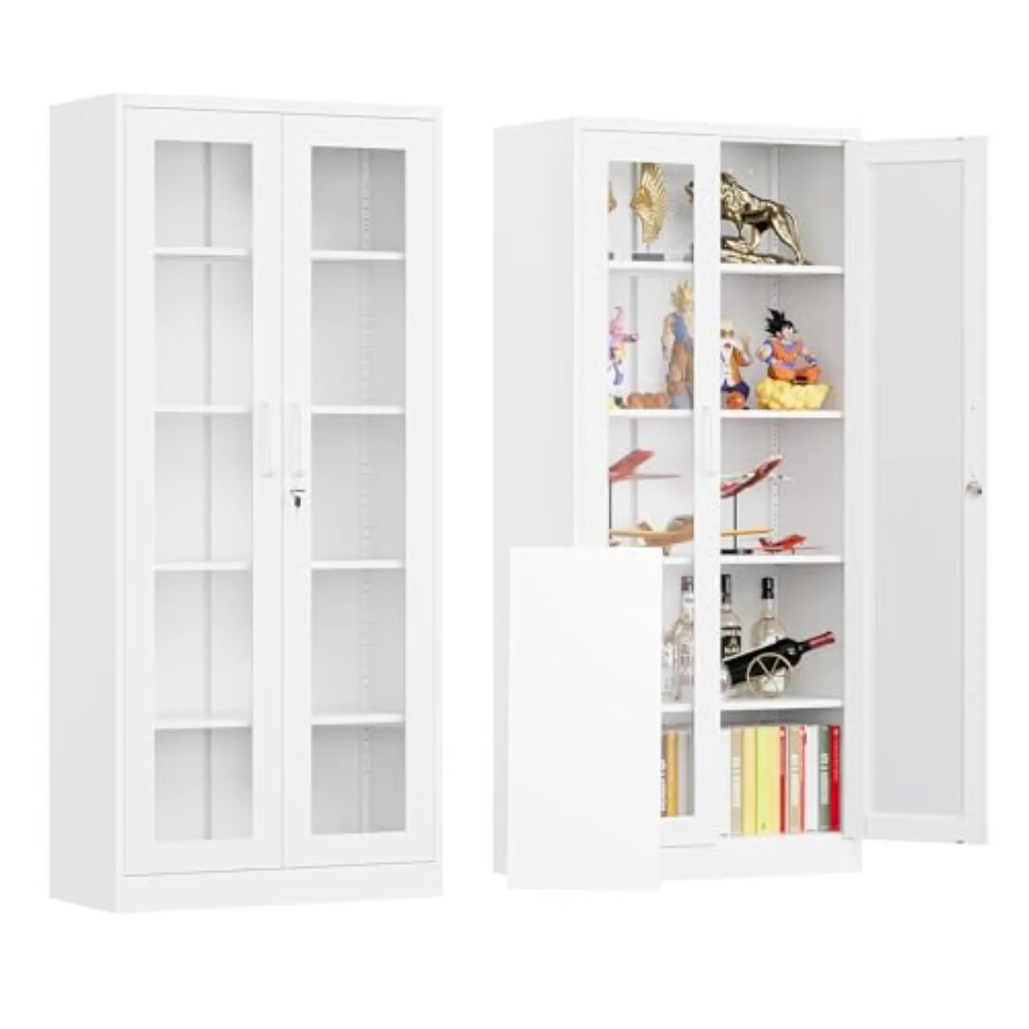 Locking Display Cabinet with Glass Door, 71”H Metal Curio Cabinets with Adjustable Shelves, White Liquor Caninet