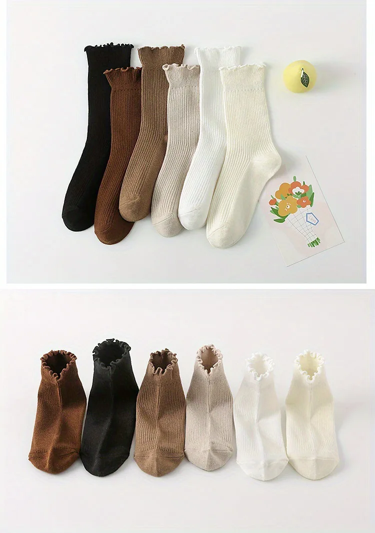 6 Paar Rüschensocken für Damen, Baumwolle, einfarbig, mittellange Socken, niedliche, kawaii, koreanische, atmungsaktive, schwarz-weiße kurze Strümpfe – Detail 14