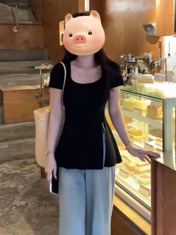 เสื้อผู้หญิงฤดูร้อนแบบใหม่ ดีไซน์ผ่าข้าง สไตล์เกาหลี แฟชั่นเรียบง่าย สีพื้น ทรงปกติ เหมาะสำหรับใส่ไปทำงาน