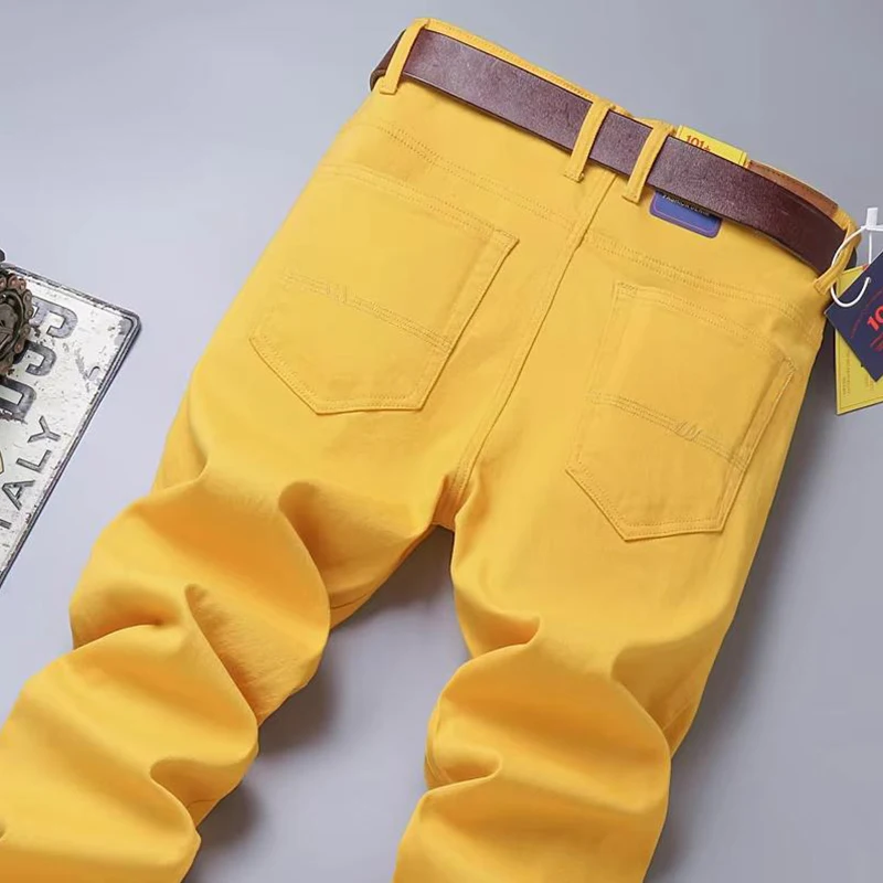 New Autumn Men\'s Yellow Pink Red Slim Jeans Classic Straight Elasticity Denim Pants Male Brand Stretch Skinny Colorful Trousers