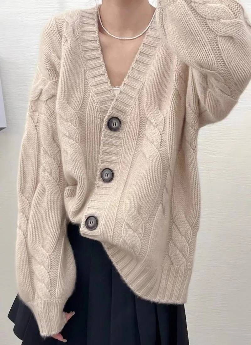 

100% Merino Wool Women's V-neck Cardigan Thick Buttons Heavy Weight Loose Casual Fashionable Cashmere Knitted Sweater