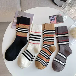 Striped Men's and Women's Socks Women's Spring Summer New Coffee Color Mid-tube Socks Double Needle Stockings Cotton Socks