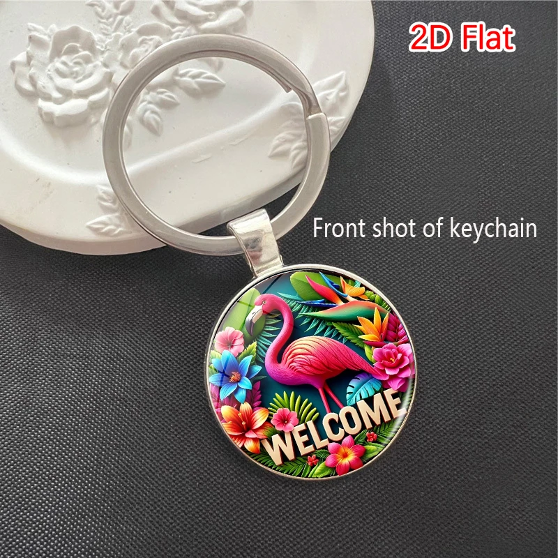 Flamingo Welcome Keychain Hawaiian Plum Blossom Palm Leaf Pattern Round Cabochon Keychain Women's Beach Bag Charm Gift