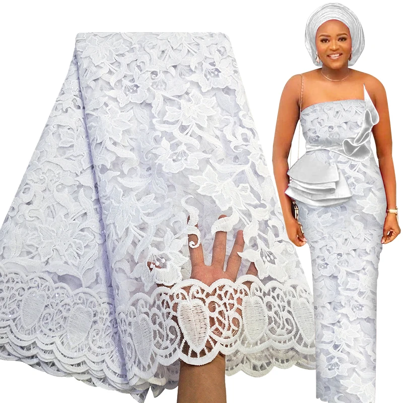 Bestway New White African Lace Fabric High Quality Nigerian Wedding Dress Sequin Embroidery French Tulle Lace Fabric 2.5 Yards