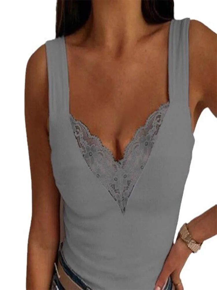 Women's Deep V-Neck Lace Vest Sexy T-shirt Slim Fit Top Monochromatic Fashion Summer 2024