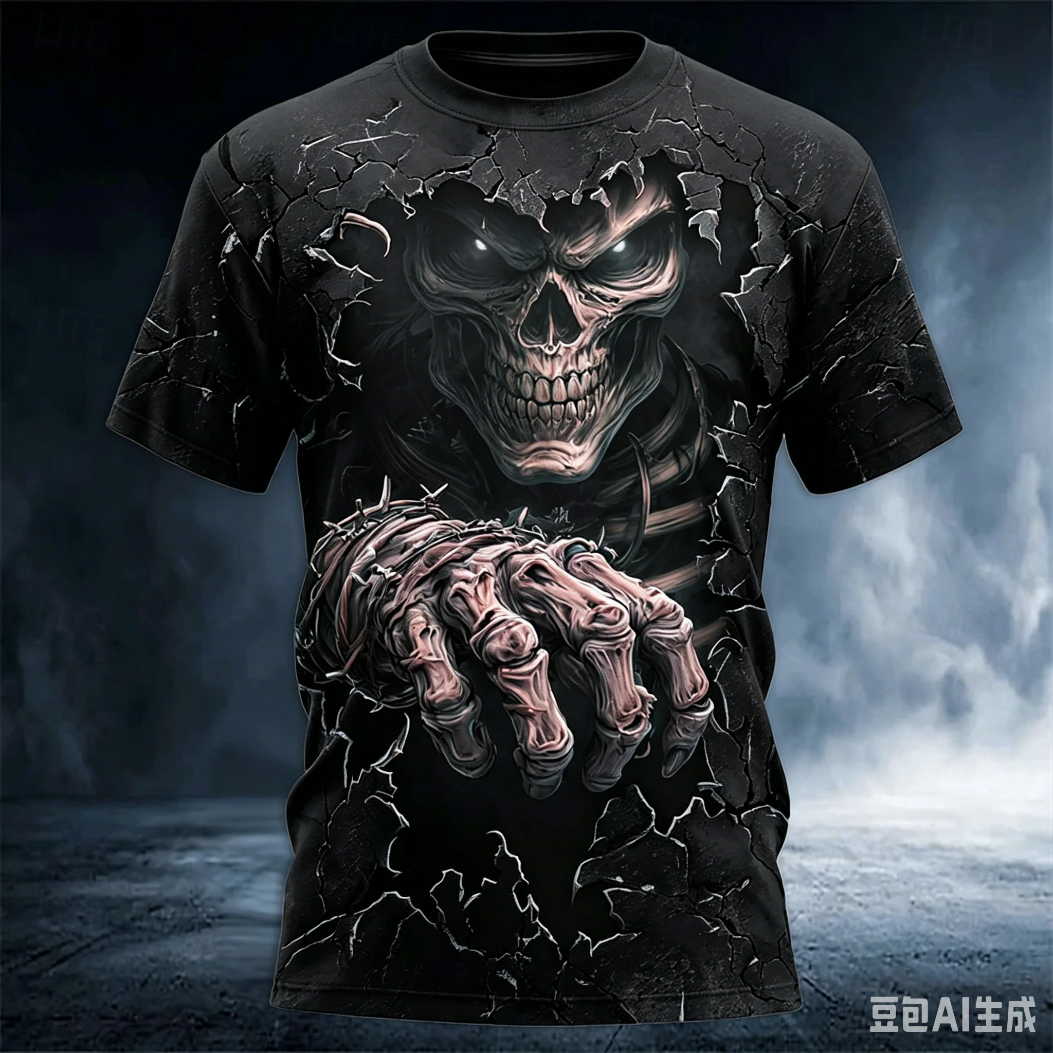 Men's Dark Horror 3D Print T-Shirt, Crack Wall Glowing Eyes Skull & Barbed Wire Skeleton Hand Gothic Casual Short-sleeved Top