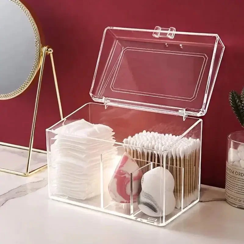 Organizador de maquillaje de plástico a prueba de polvo para almohadillas de algodón/almohadilla/caja de almacenamiento de huevos de belleza con tapa lápiz labial/organizador de esmalte de uñas