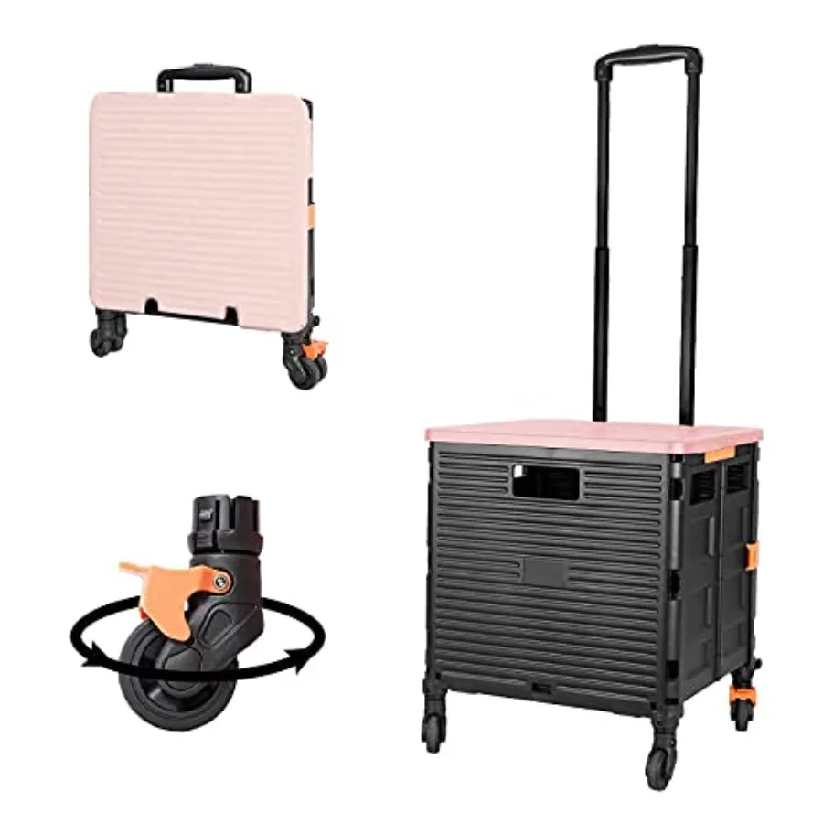 SELORSS Foldable Utility Cart Folding Portable Rolling Crate- Heavy Duty, Telescoping Handle, 4 Rotate Wheels, Collapsible Hand