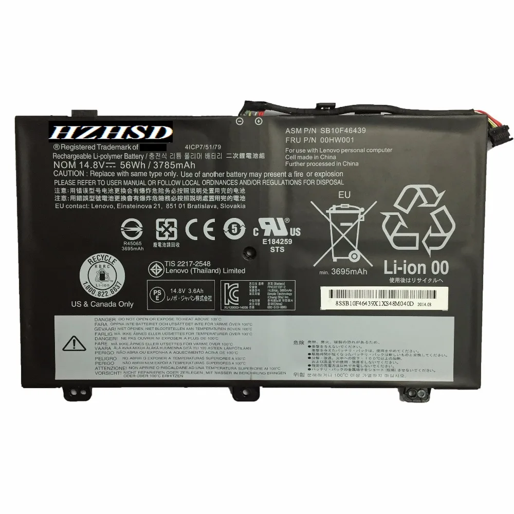 14.8V 56wh New Original 00HW001 SB10F46439 00HW000 Laptop Battery For LENOVO Thinkpad S3 Yoga 14 SB10F46438 14.0 4ICP7/51/79