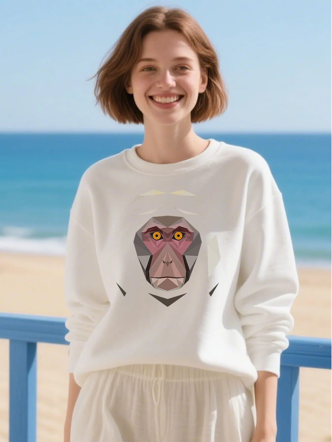 Women's Soft Cotton Crewneck Sweatshirt With Geometric Primate Print Perfect For Christmas Gift And Casual Outdoor Activities