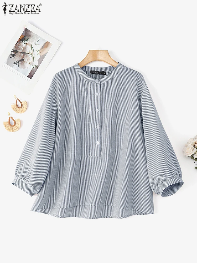 ZANZEA, blusas de otoño 2025 para Mujer, camisa informal holgada de manga larga a rayas, blusa elegante con cuello levantado para trabajo de oficina, Tops con botones para Mujer