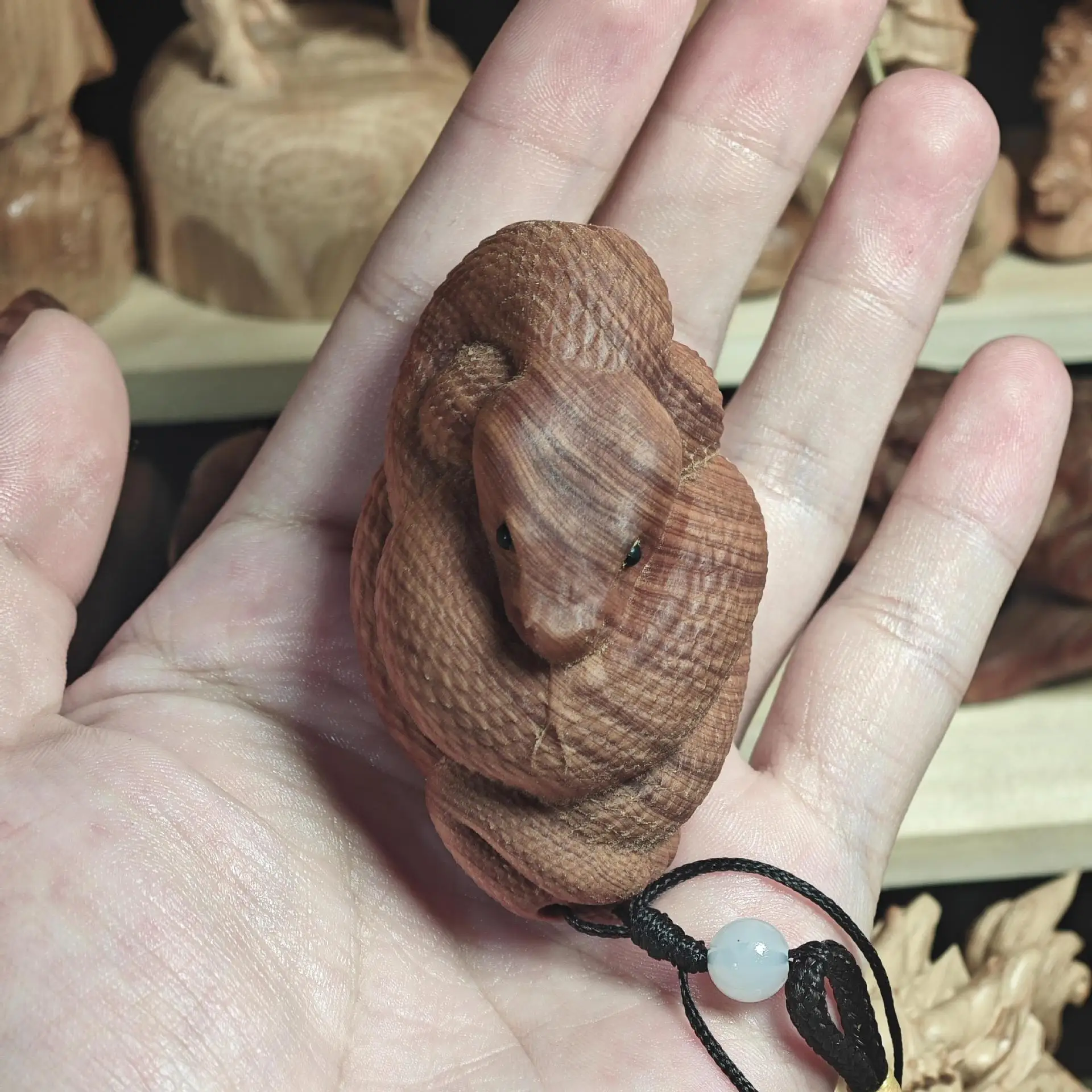 Solid Wood Carving Zodiac Snake Ornament, Hand‑made Pocket Hand Grip, Auto Hanging Decoration, Chinese Mini Craft Present