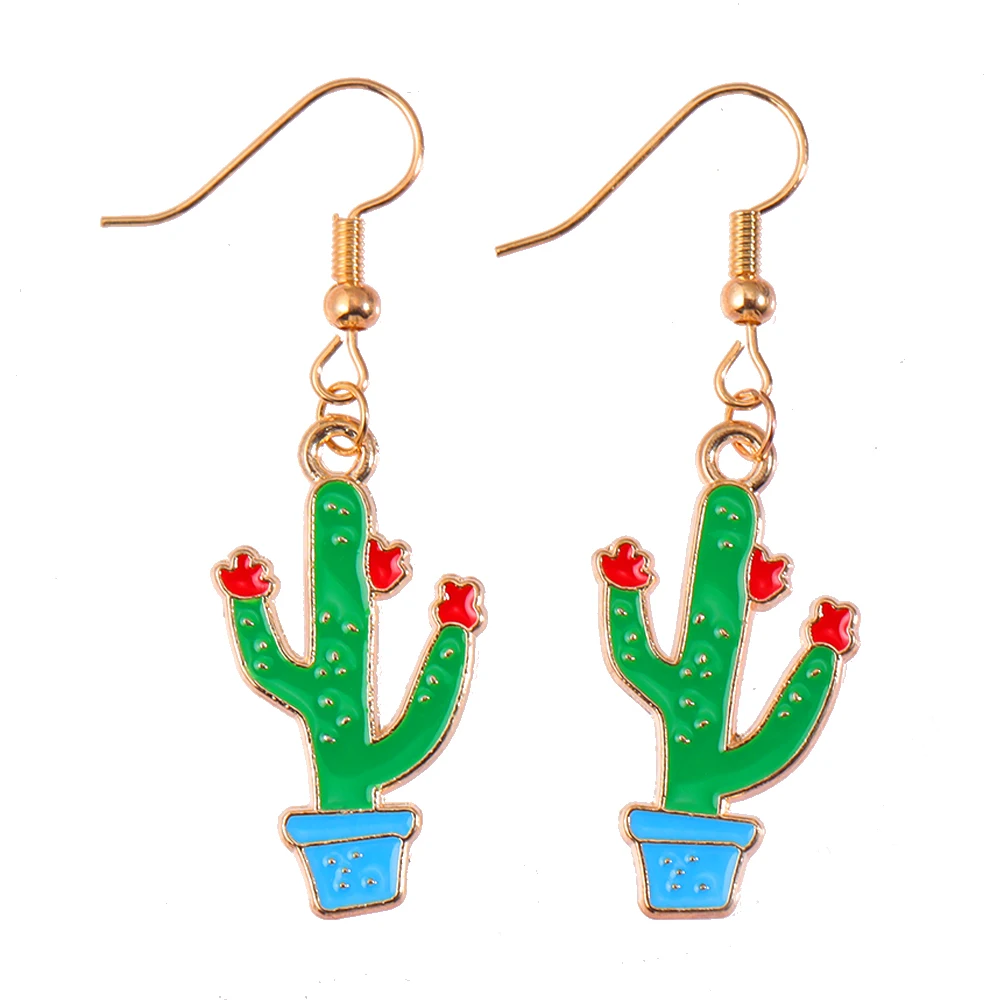 1Set Gold Color Alloy Enamel Cactus Potted Plant Earrings Necklaces Jewelry Sets Gifts for Women 2024 Trendy Ornament