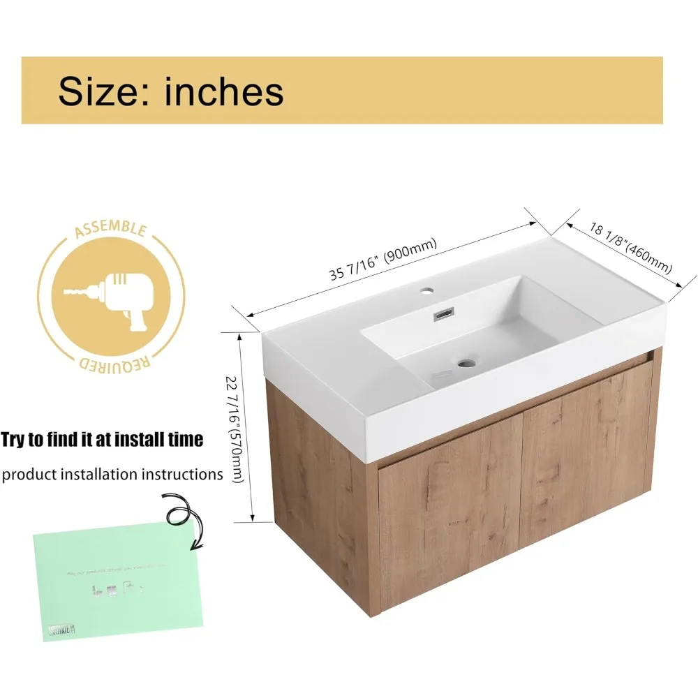 36 Inch Floating Bathroom Vanity with Sink, Single Sink Wall Mounted Bathroom Vanity,with 2 Doors and White Resin Basin Sink Top