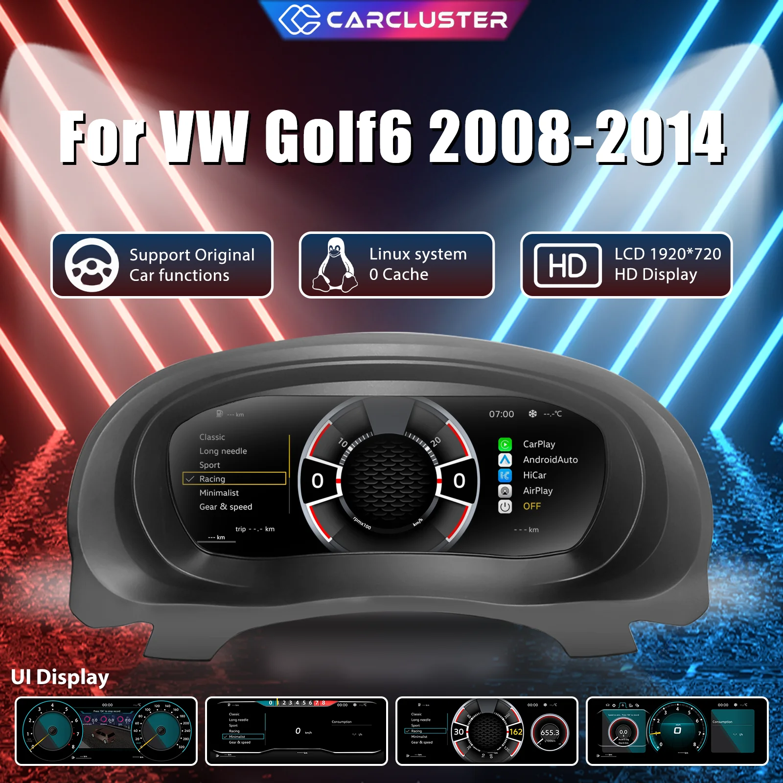Carcluster 10,25'' LCD Digitales Dashboard-Cluster für Volkswagen Golf 6 Mk6 Baujahre 2008-2014 mit HDMI Carplay Radio-Unterstützung Instrumententafel Cockpit