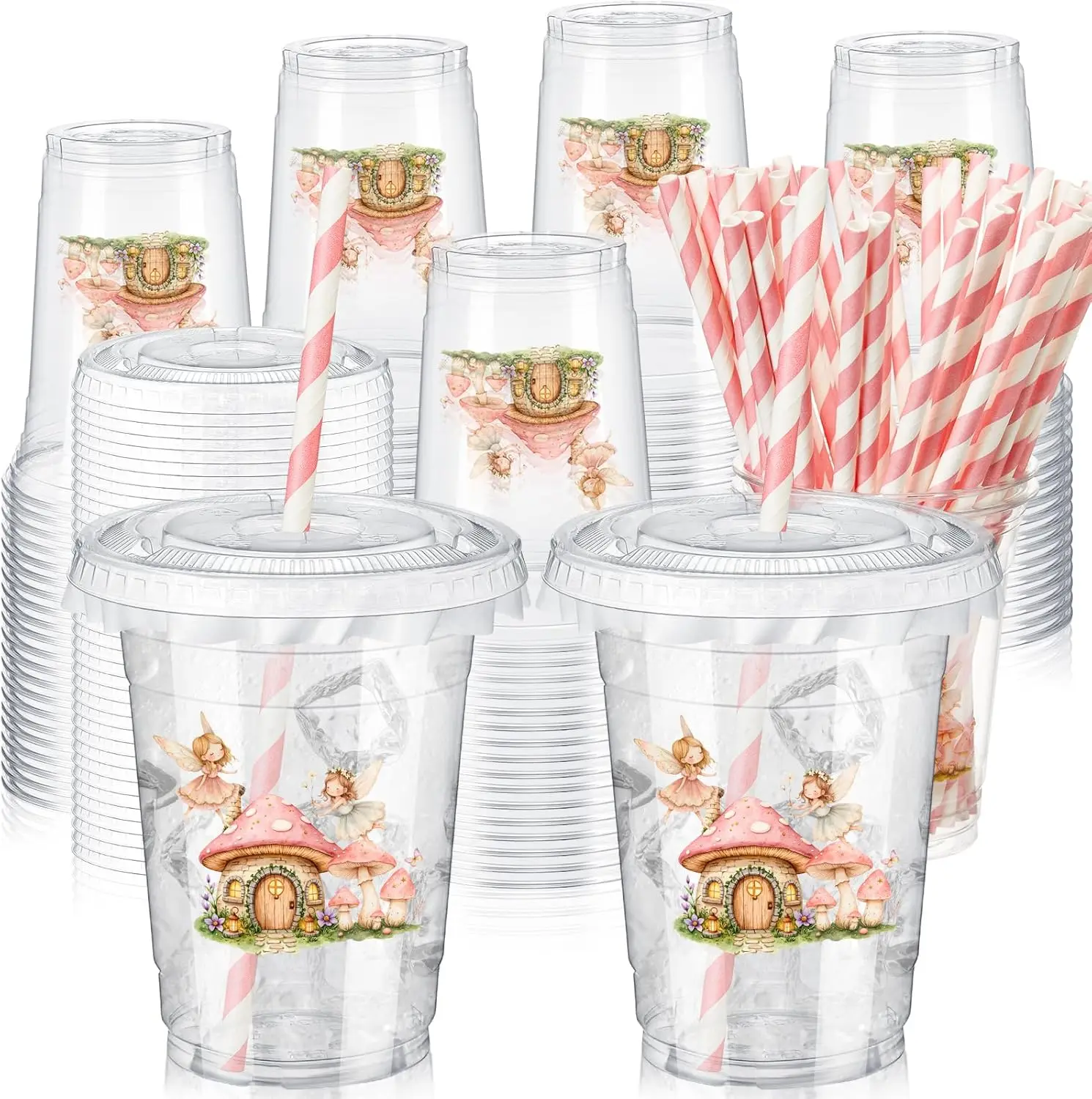 

50 Pcs 12 oz Fairy Party Disposable Plastic Cups with Straws, Lids and Leakproof Paper Clear Mushroom Flower Garden Firs