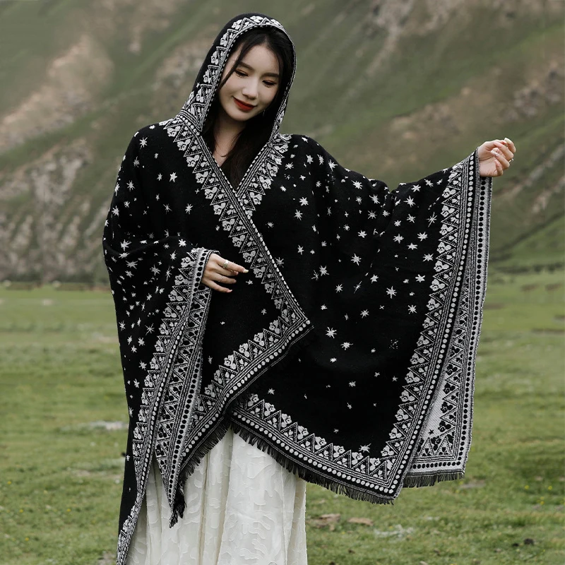 Romantic Stars Sky Acrylic Cashmere Poncho Hooded Cape Autumn Winter Wraps Outerwear Long Cloak Leisure Travel Shawl Unisex
