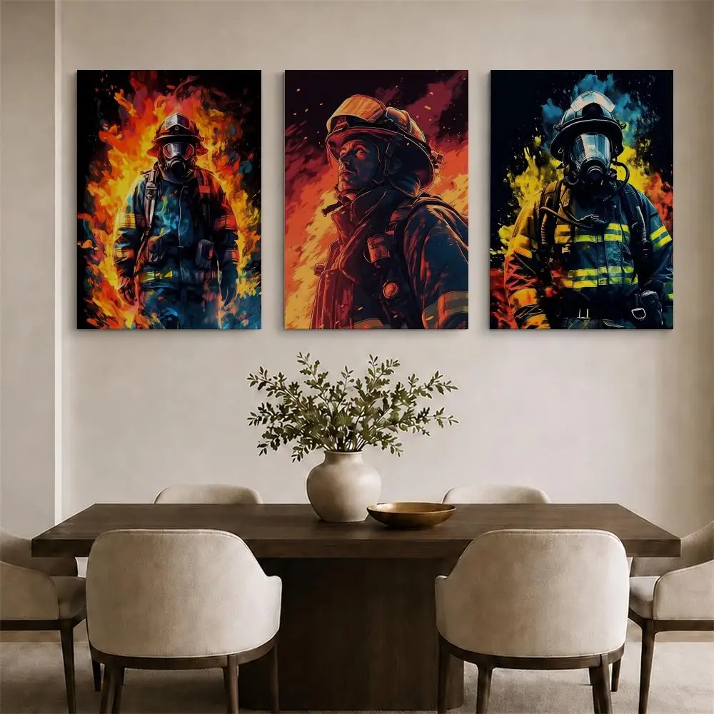 Brave Firefighter Vintage Framed Wall Painting Ready to Hang Canvas Art Poster for Living Room Bedroom Home Decor Decals