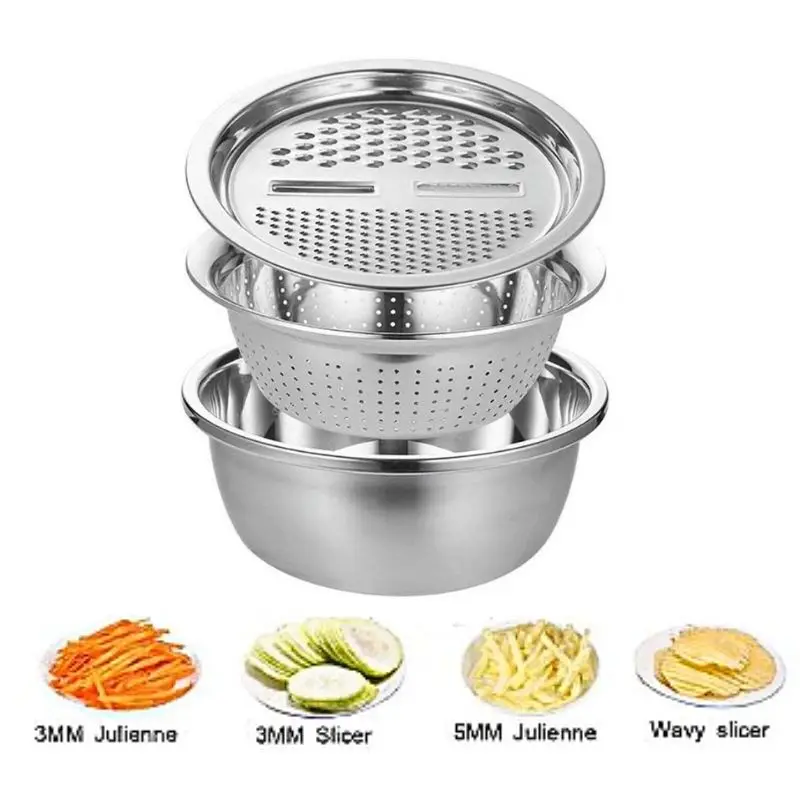 

3 in 1 Vegetable Slicer Cutter Drain Basket Stainless Steel Vegetable Julienne Grater Salad Maker Bowl Kitchen Gadgets