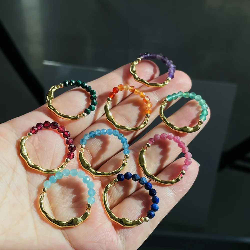 Anillos de piedra Natural a la moda, joyería para mujer, cuentas redondas pequeñas de 3MM, dije de rama, granates de turmalina, anillo de dedo de cristal estirable