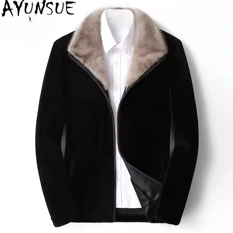

AYUNSUE повседневные мужские пальто из 100% шерсти, осенне-зимняя модная короткая куртка для стрижки овец, мужские меховые пальто с воротником из норки, куртки