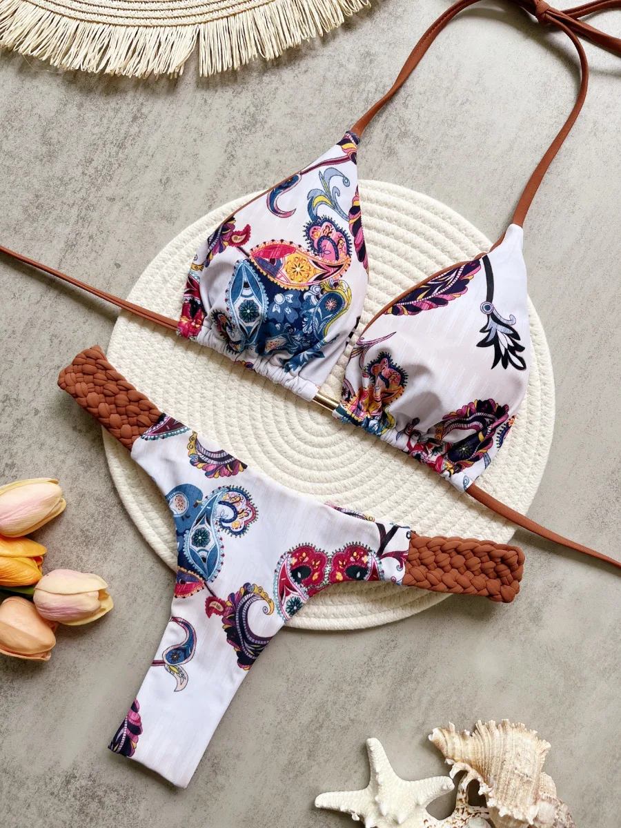 

Тканый комплект бикини, женский купальник из 2 предметов с принтом, женский сексуальный купальник с подтяжками и открытой спиной, пляжный отдых, купальный костюм, новинка 2023 года