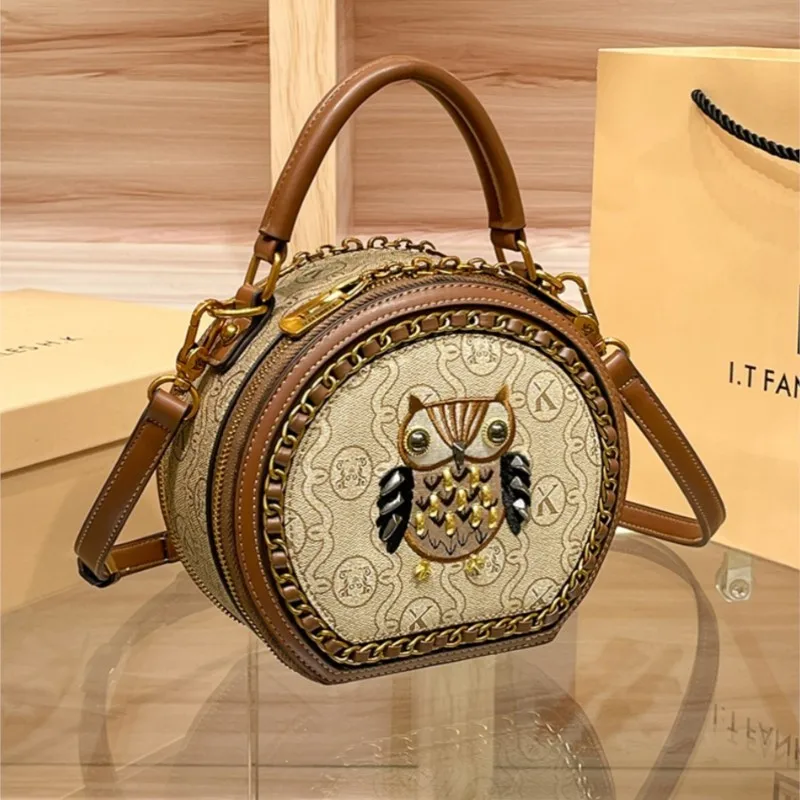 Women\'s Handbag Light Luxury Brand Handheld Round Bag New 2024 Premium Genuine Leather Shoulder Bag Designer Retro Crossbody Bag