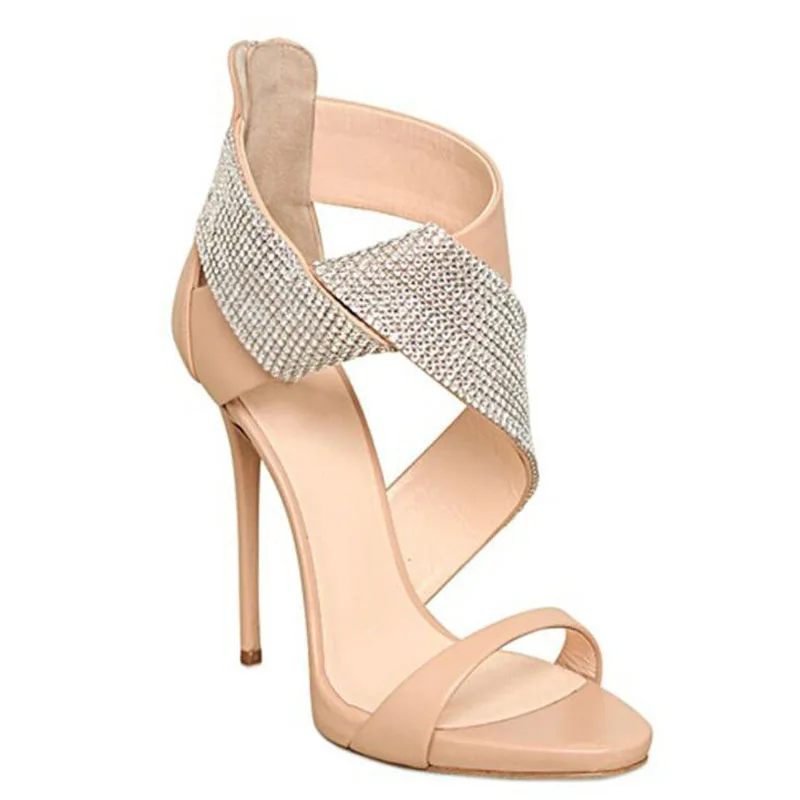 

Sexy Women Crystal Crossed Strappy Sandals Ladies Cut Out Stiletto High Heels Summer Rhinestones Back Zip Party Sandals