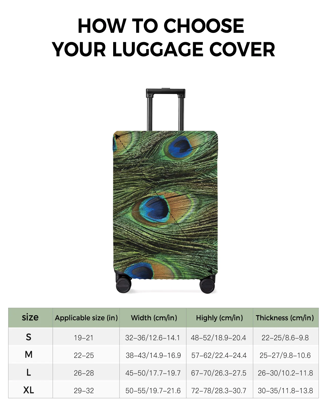 Green Animal Peacock Feather Travel Luggage Cover Elastic Baggage Cover Suitcase Case Dust Cover Travel Accessories