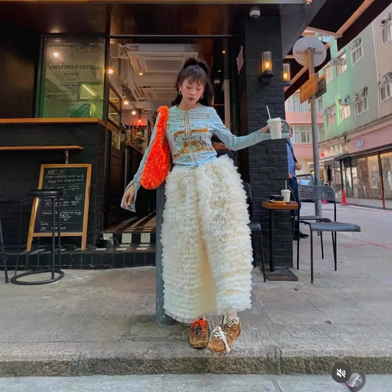 

korean chic style half skirts casual loose Multi layer mesh solid ball gown skirts fashion sweet high waist Princess Dress