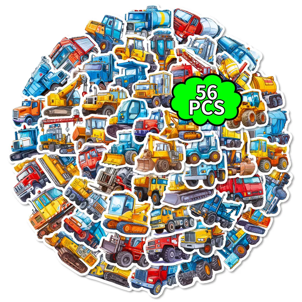 56Pcs Cartoon Construction Vehicle Stickers, Waterproof Excavator Mixer Truck Decals for Luggage & Laptop DIY AnimeWorlds Store