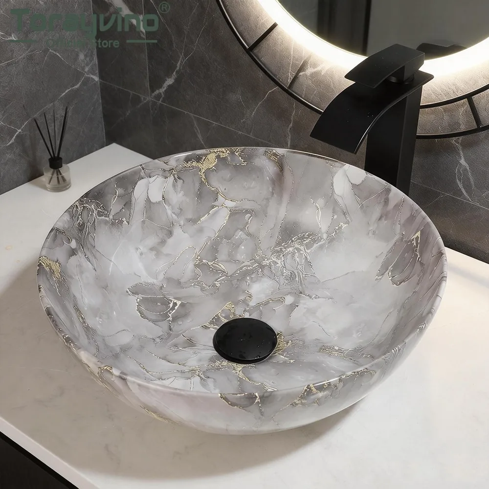 Torayvino Ceramic Bathroom Sink Set Marbling Vessel Vanity Black Faucet with Pop-up Drain Combo Kit Above Counter Bowl Basin