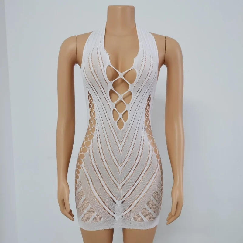 Transparent Lace Short Dress Backless Hollow Halter Nightgown Sexy Women's Pajamas Nightwear Nightdress Party Club Mini Dresses