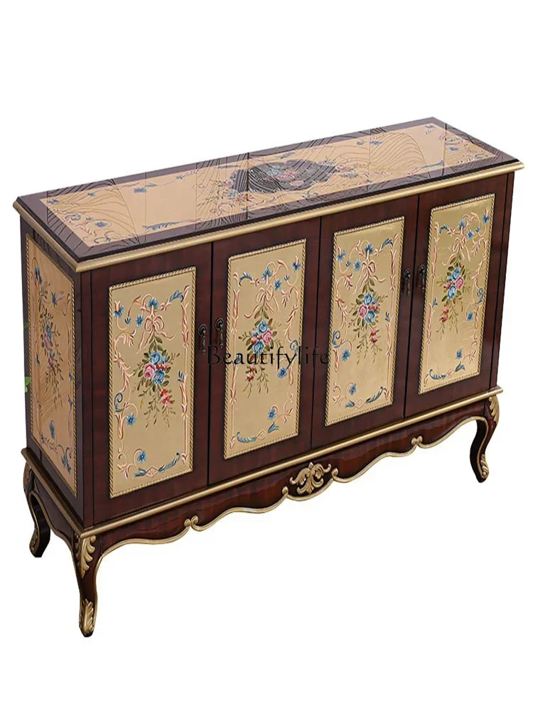 

New Chinese-style all-solid wood gold foil hand-painted carved entrance cabinet, store shoe cabinet against the wall