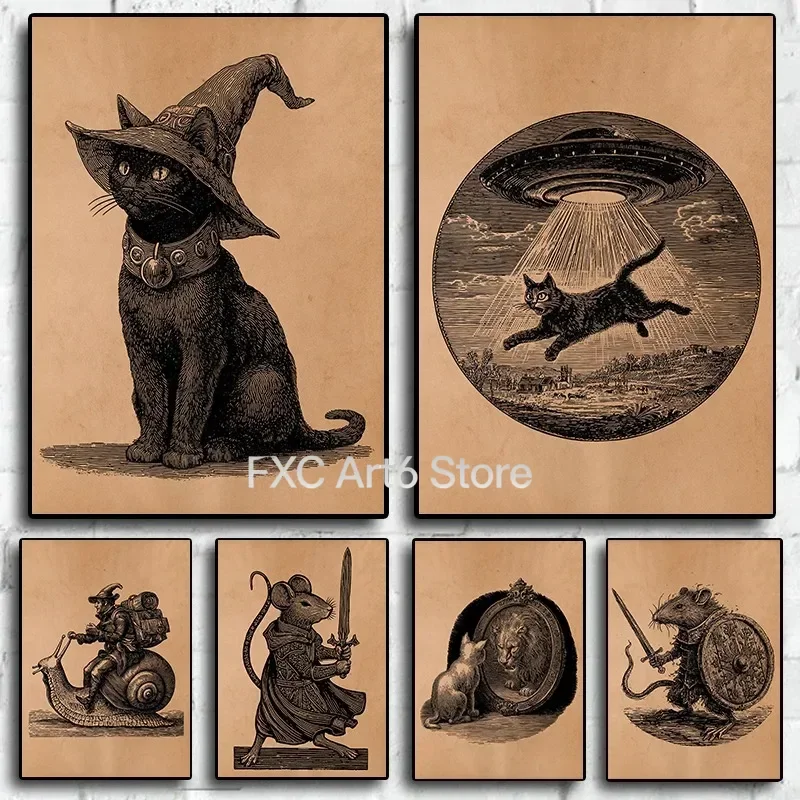 1PC frameless Antique Style Cat UFO Abduction Alien Medieval Knight Mouse Illustration Poste Canvas Painting Wall Art Pictures H