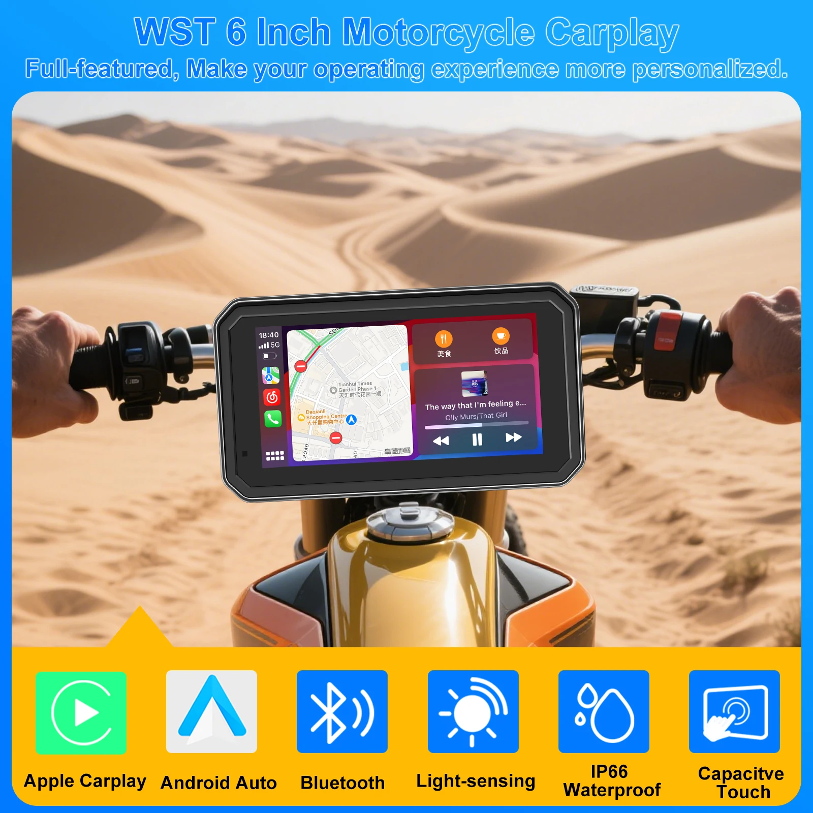 Reproductor Multimedia inalámbrico CarPlay Android Auto de 6 pulgadas para motocicleta grabadora de navegación GPS IP67 pantalla impermeable Bluetooth 5,0