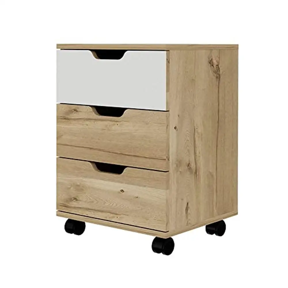 Oak/White 3-Drawer Durable Filing Cabinet Swivel Wheels Home Office Storage