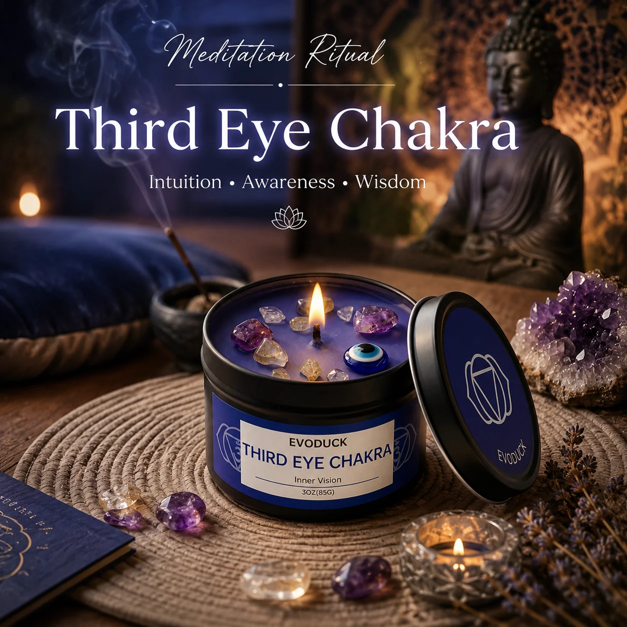 Salbei-Weihrauch-Duftkerze für das Dritte Auge Chakra, 3oz, mit Kristall & Böser-Blick-Amulett, Meditation, Yoga, Deko, Geschenk für sie
