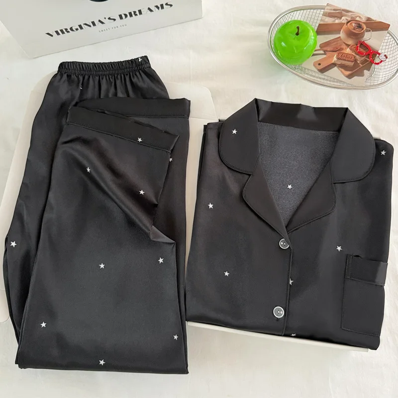 Piyama Sutra Hitam Bintang Sederhana Modis untuk Wanita Musim Semi dan Musim Gugur Lengan Panjang Longgar dan Pakaian Tidur Mewah untuk di Rumah