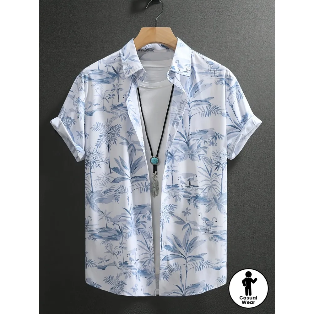 Ice Silk Light Moderate Short Aloha Shirt Ink Wash Palm Bird Digital Print Quick Dry Wrinkle Resistant Summer Blouse