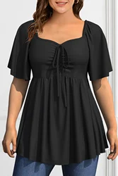 Damska koszulka Plus Size Kwadratowy kołnierzyk Sznurowana plisowana linia A Krótki rękaw Lato 2024 Topy Casual Vintage Solid Basic Tee Tops