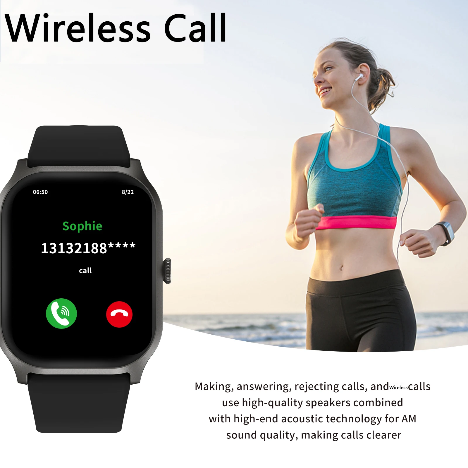 Smart watch, wireless calling /dial, multi -Sport mode, calling reminder and rejection, SMS reminder, information reminder