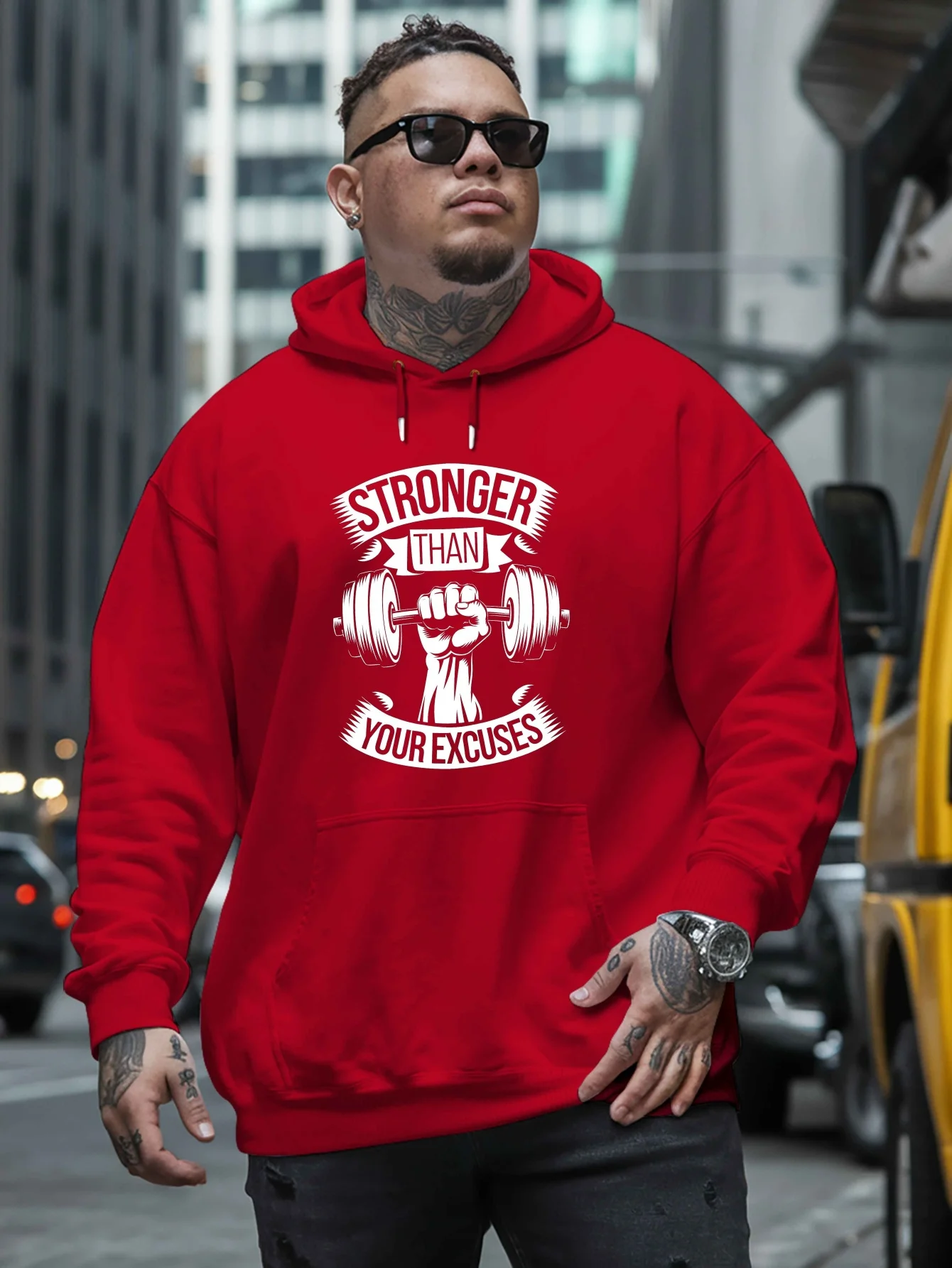 Men Pullover Hoodie Gym Fitness Dumbbell Hand Graphic Letter Slogan Print Hooded Sweatshirt Kangaroo Pocket Workout Tops