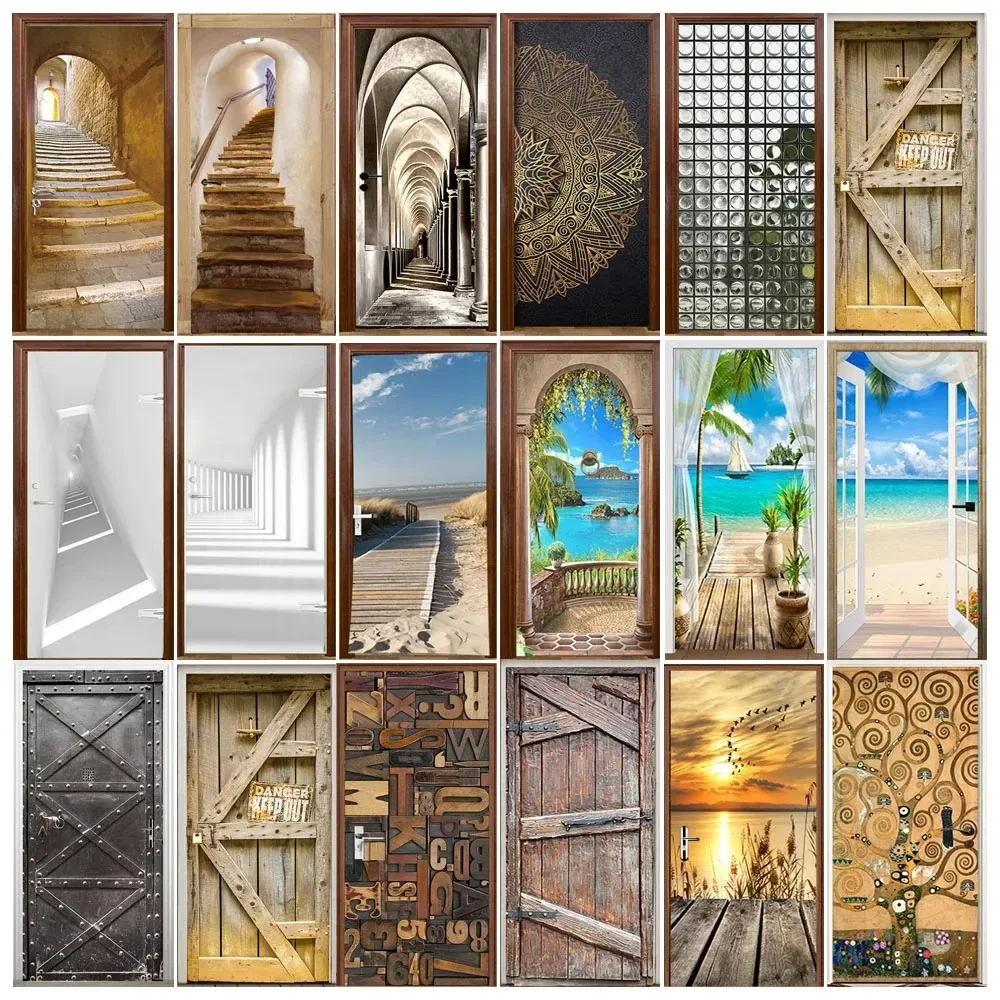 

Vintage Wood Texture Background Door Wrap Cover Sticker Peel and Stick Creative DIY Spliced Retro Stairs Design Door Art Poster