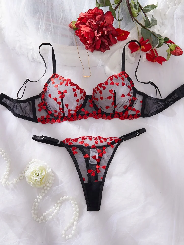Sexy Lingerie Female Heart Embroidery Lingerie Set See Through Mesh Underwear Valentine's Day Romantic Intimate Fantasy Bra Set