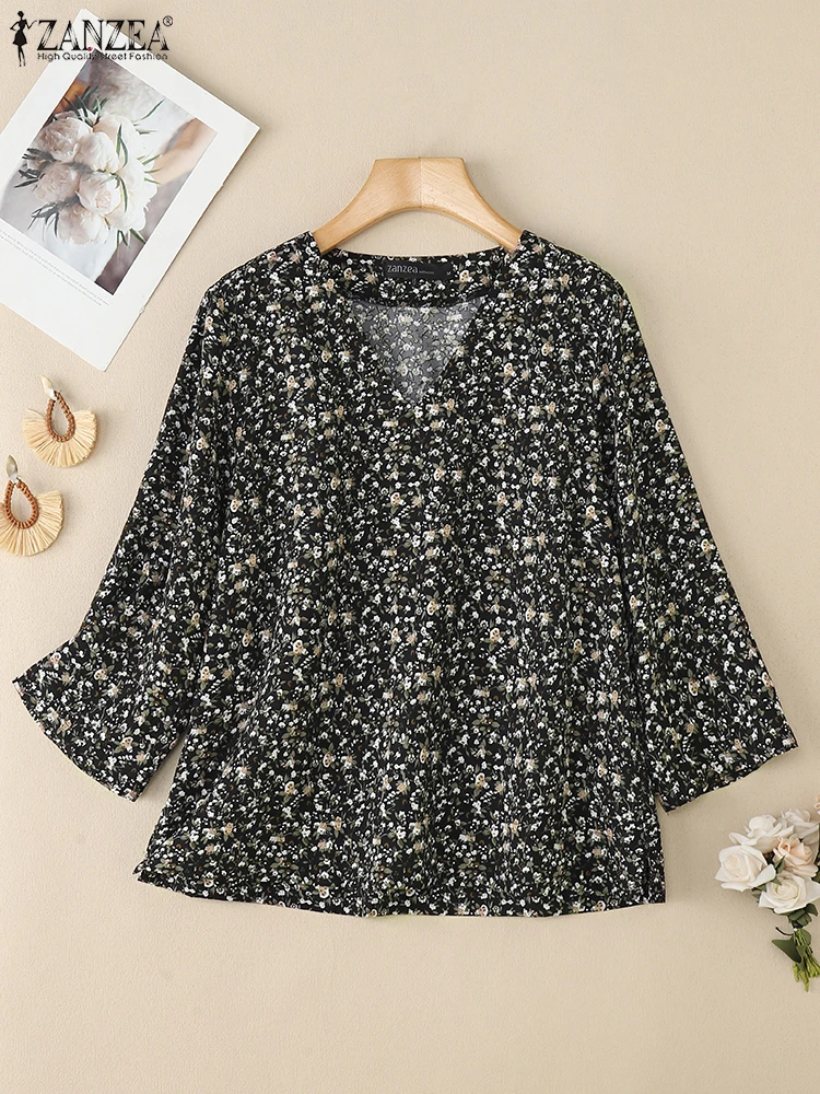 2025ZANZEA Herfst Gedrukt Blouses Vrouwen V-hals 3/4 Mouw Tops Casual Vakantie Shirt Losse Chemise Vrouwelijke Bloemen Tuniek Mujer