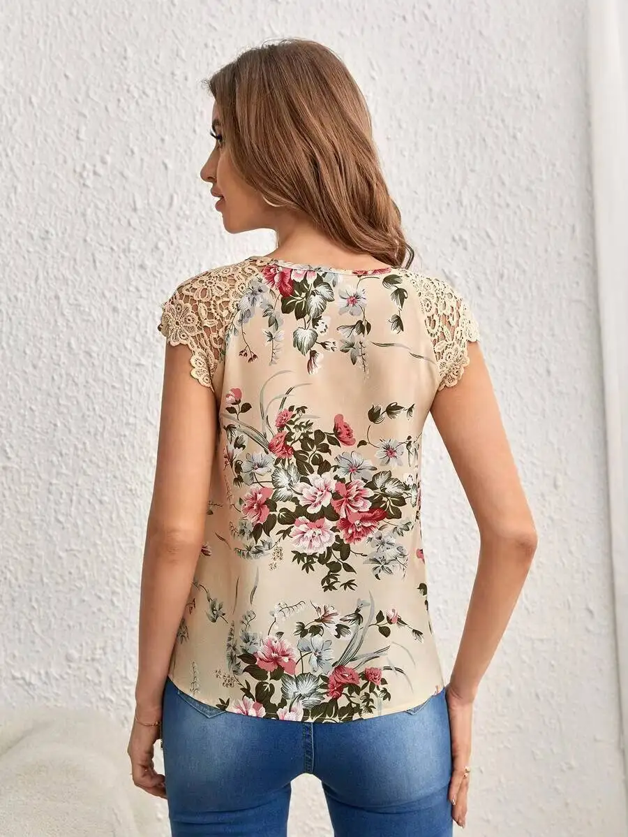 Women T-Shirt Spring Summer Light Beige Floral Print Round Neck Keyhole Shoulder Lace Sleeveless Sweet Elegant Daily Casual Top
