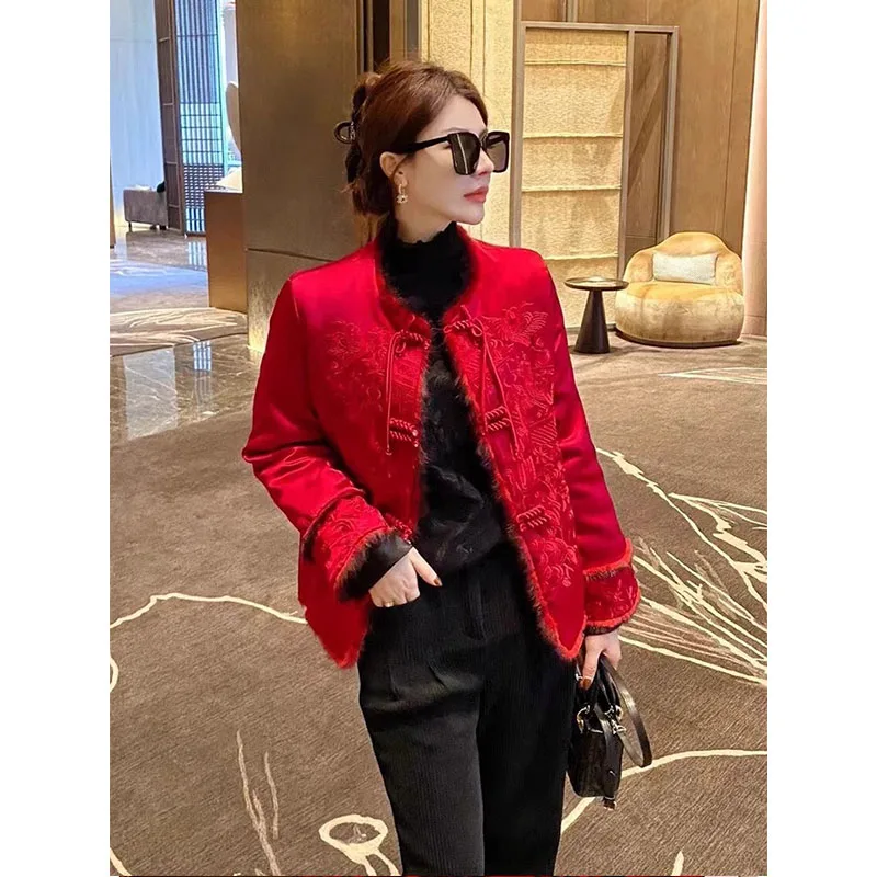 

Красный традиционный китайский женский тройник из бавовни, весенне-зимний новогодний козырек, повседневный свободный крой, длинный све, круглый Ne