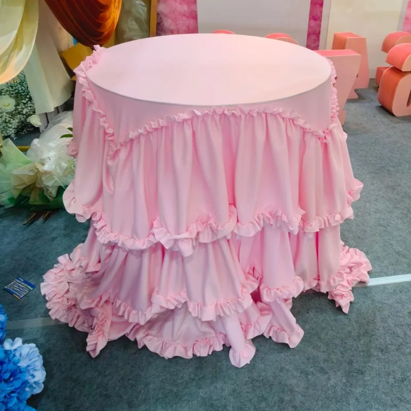 Pink Ruffled Round Tablecloth Smooth Draping Multi-Layer Ruffle Table Cover Wedding Party Table Skirt Home Textile Decor